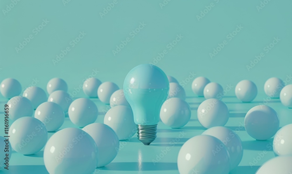 Poster one of lightbulb glowing among shutdown light bulb in dark area with copy space for creative thinkin