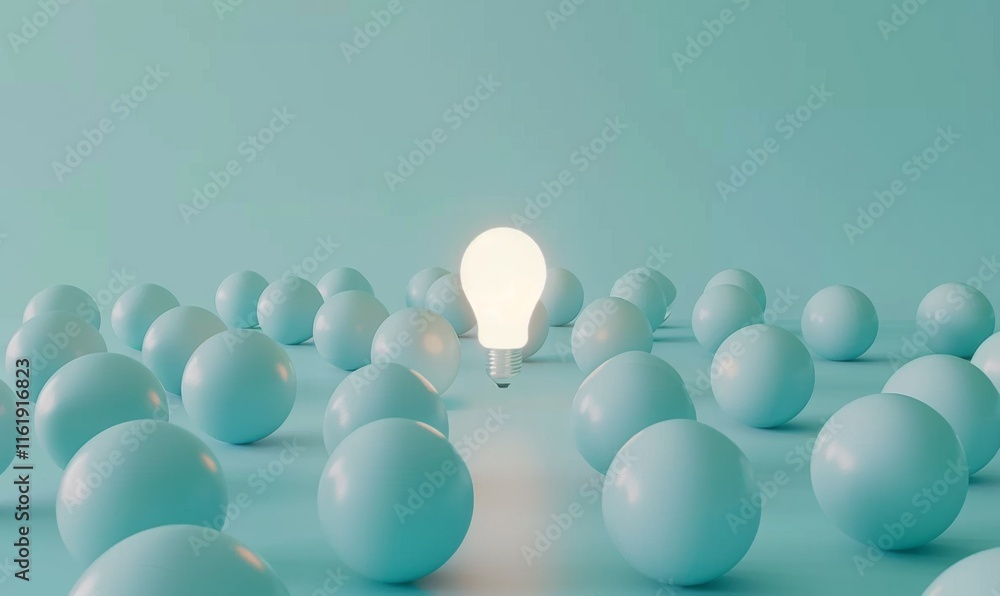 Poster one of lightbulb glowing among shutdown light bulb in dark area with copy space for creative thinkin