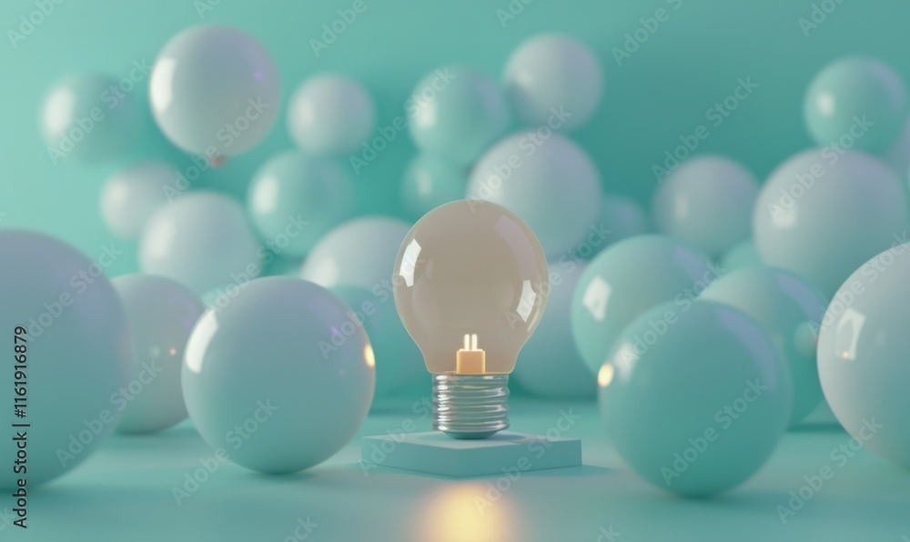 Poster one of lightbulb glowing among shutdown light bulb in dark area with copy space for creative thinkin