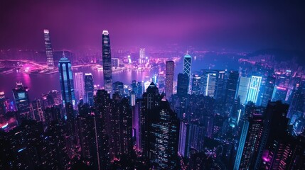 Fototapeta premium Vibrant purple and blue cityscape at night, high-angle view of skyscrapers and city lights.