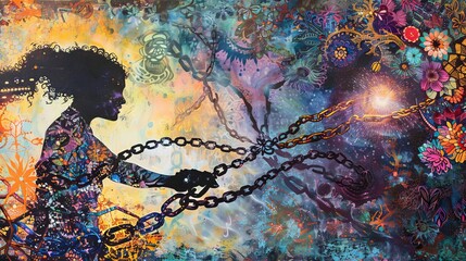 An empowering image of a woman depicted against a cosmic backdrop, breaking free from chains, symbolizing strength, potential, and the journey toward self-liberation and individuality.