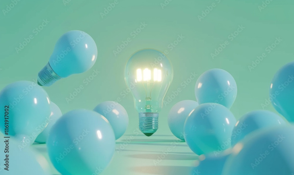 Poster one of lightbulb glowing among shutdown light bulb in dark area with copy space for creative thinkin