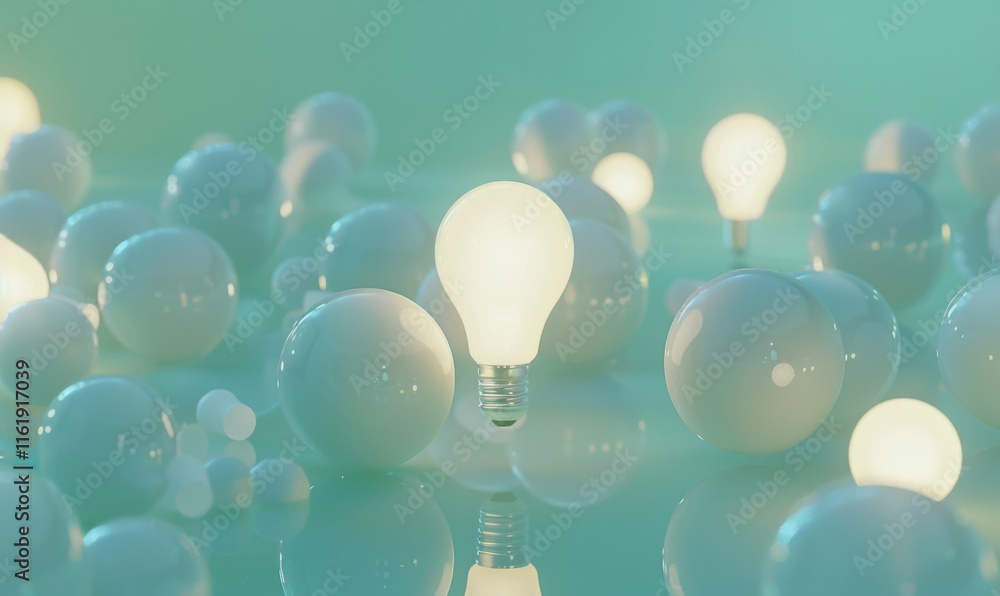 Poster one of lightbulb glowing among shutdown light bulb in dark area with copy space for creative thinkin
