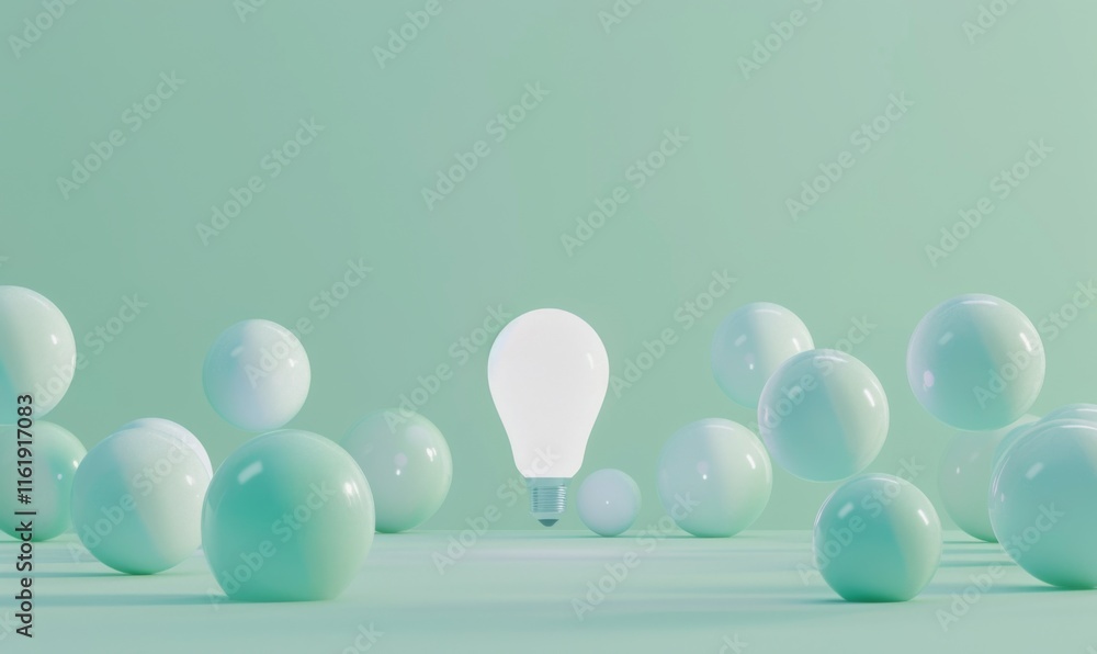 Poster one of lightbulb glowing among shutdown light bulb in dark area with copy space for creative thinkin