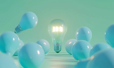 One of Lightbulb glowing among shutdown light bulb in dark area with copy space for creative thinking , problem solving solution and outstanding concept by 3d rendering technique