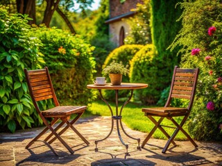 Empty patio chairs and table await; inviting café seating for al fresco summer dining.  Copy space abounds.