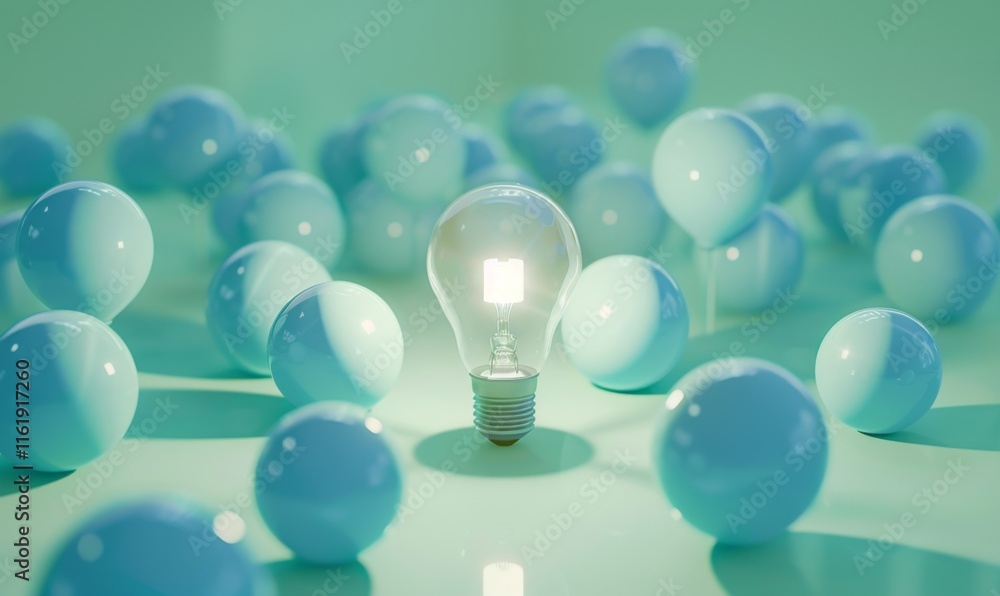 Poster one of lightbulb glowing among shutdown light bulb in dark area with copy space for creative thinkin
