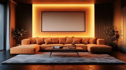 Modern living room interior at night with orange sofa, coffee table, and blank artwork.