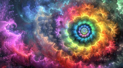Vibrant rainbow spiral nebula in space, cosmic flower, swirling galaxy.