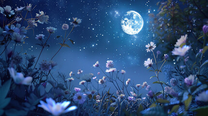 Obraz premium night sky with purple flowers