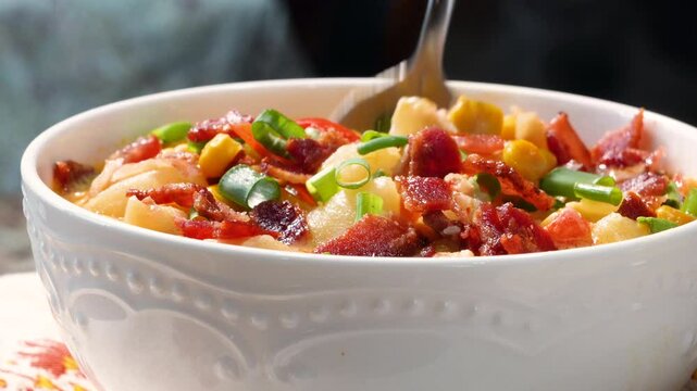 Cooking tuna casserole for a week night meal. Pasta dish with tuna, peas, pasta in a cream sauce with lots of cheese. Sizzling bacon in a skillet.