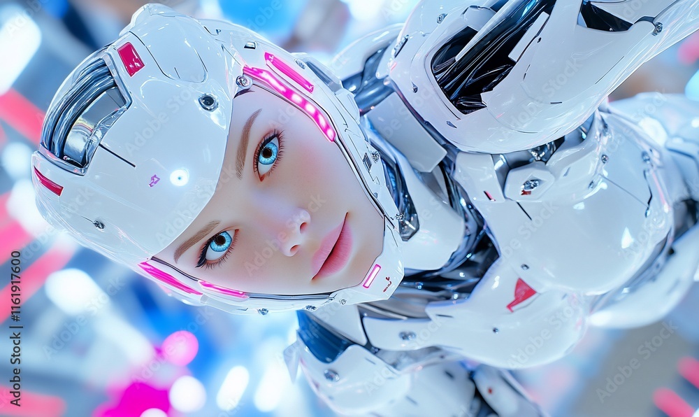 Aufkleber a futuristic humanoid robot with striking features in a high-tech environment.