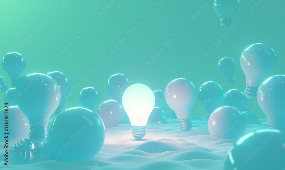 Poster one of lightbulb glowing among shutdown light bulb in dark area with copy space for creative thinkin