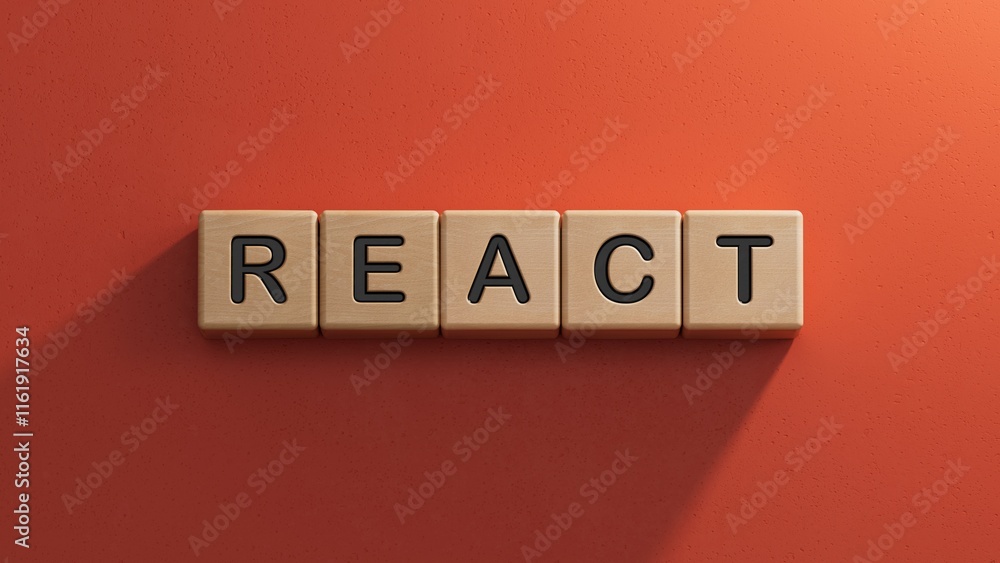 Poster wooden cubes with text react. financial market. financing.close up of wooden elements,business conce