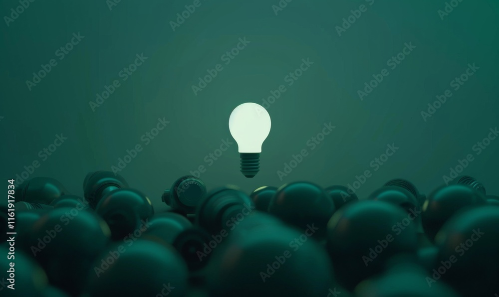 Poster one of lightbulb glowing among shutdown light bulb in dark area with copy space for creative thinkin