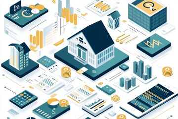 This infographic presents a sleek overview of real estate data analysis, featuring buildings, charts, and financial metrics that underline the dynamics of property investment and finance.
