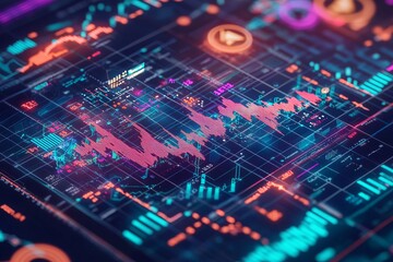 Fototapeta premium An eye-catching design presenting a dynamic view of financial market data with vibrant graphs, metrics, and modern technological elements symbolizing the stock market's fast-paced environment.