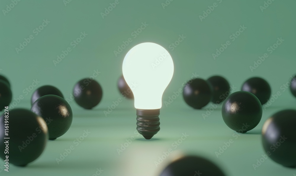 Poster one of lightbulb glowing among shutdown light bulb in dark area with copy space for creative thinkin