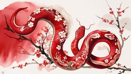Chinese New Year background with red snake ornament, 2025, watercolor style, poster, 