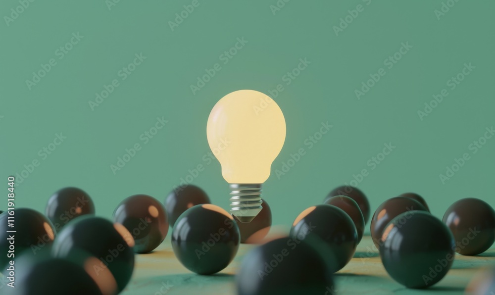 Poster one of lightbulb glowing among shutdown light bulb in dark area with copy space for creative thinkin