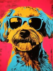 Pop-art of a Maltese dog in retro style on a vibrant background with abstract textures.