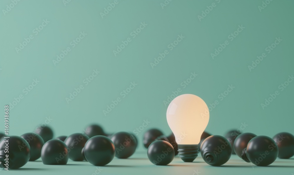 Poster one of lightbulb glowing among shutdown light bulb in dark area with copy space for creative thinkin