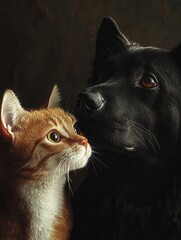 Realistic depiction of a black dog and a ginger cat on a warm-toned background.

