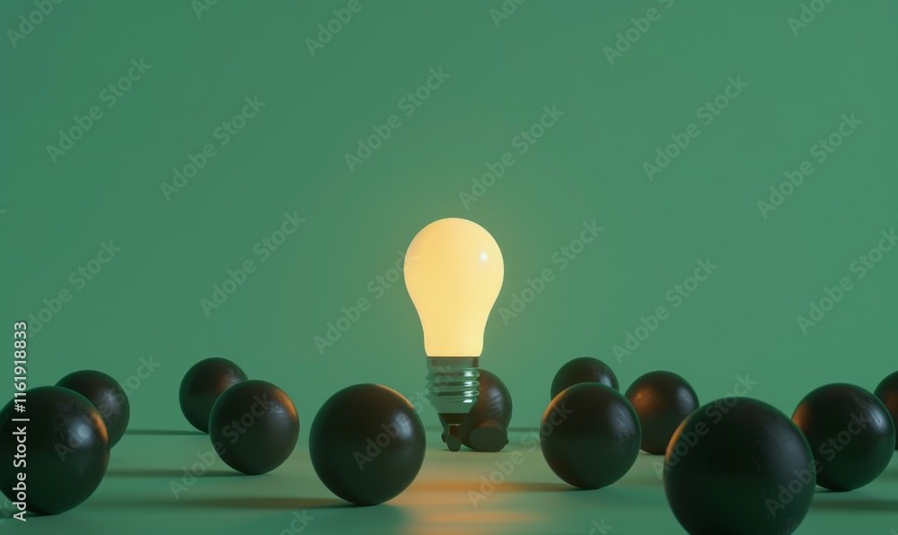 Poster one of lightbulb glowing among shutdown light bulb in dark area with copy space for creative thinkin