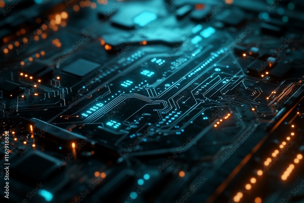 Poster a close-up view of a circuit board with glowing components.