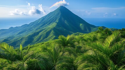 Majestic green mountain peak with rainbow and ocean view