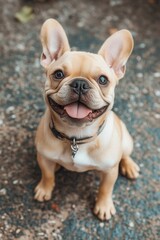 Adorable French Bulldog puppy with a wide smile sitting on asphalt