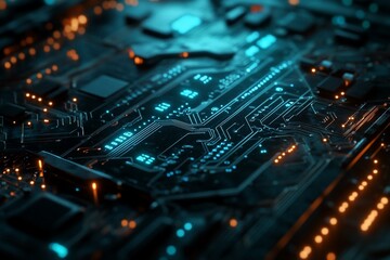 A close-up view of a circuit board with glowing components.