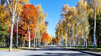 Obraz premium Autumnal Park Path Birch Trees Golden Leaves Fall Colors