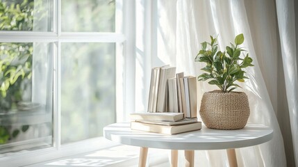 Fototapeta premium A table with a potted plant and a stack of books