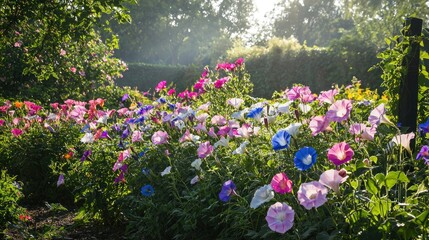 A dewy garden with morning glory flowers blooming in various colors, bathed in gentle sunlight