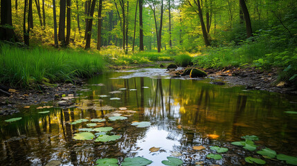 Tranquil forest stream reflecting lush greenery, nature's serenity