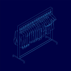 Blue image of a clothes rack with clothes hanging on it. The clothes are all different colors and styles, and the rack is tall and narrow. Concept of organization and order