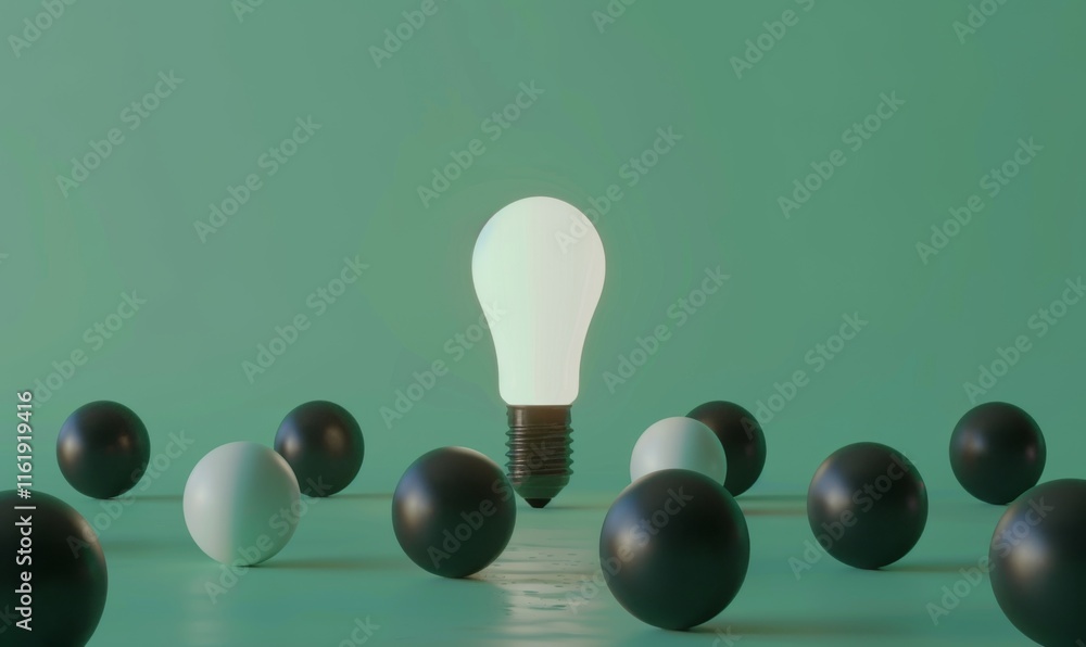 Poster one of lightbulb glowing among shutdown light bulb in dark area with copy space for creative thinkin