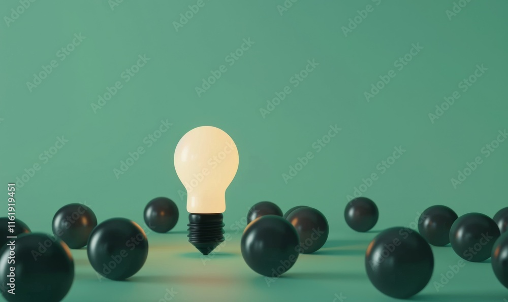 Poster one of lightbulb glowing among shutdown light bulb in dark area with copy space for creative thinkin