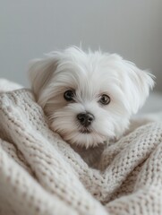 Adorable Maltese puppy with cream-white fur sitting on a soft white background