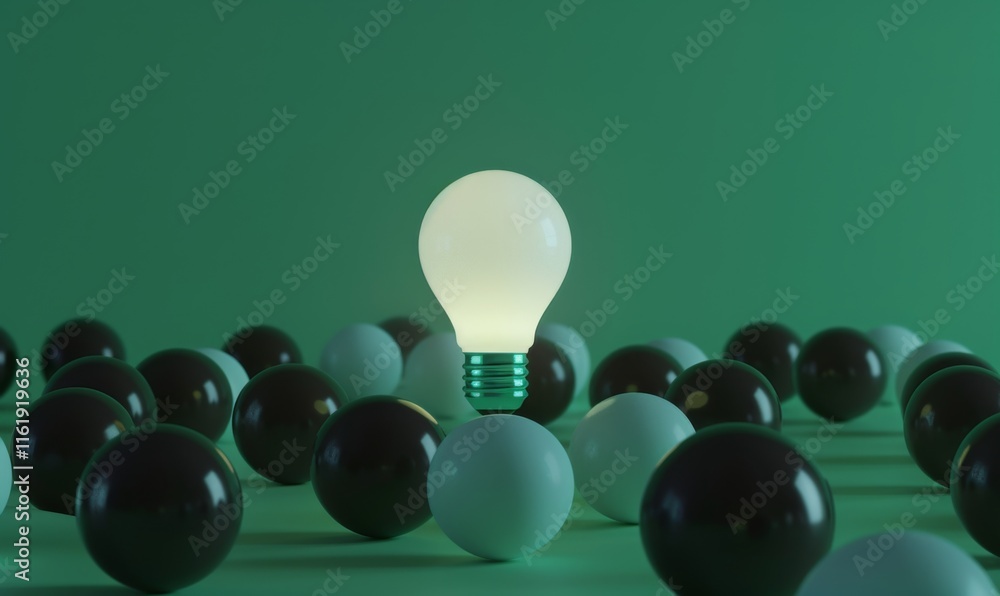 Poster one of lightbulb glowing among shutdown light bulb in dark area with copy space for creative thinkin