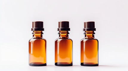 Three symmetrically arranged amber glass dropper bottles showcasing a minimalist and refined design against a pure white background with soft diffused lighting highlighting their clean