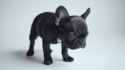 Small black French bulldog standing on a white background, looking upward