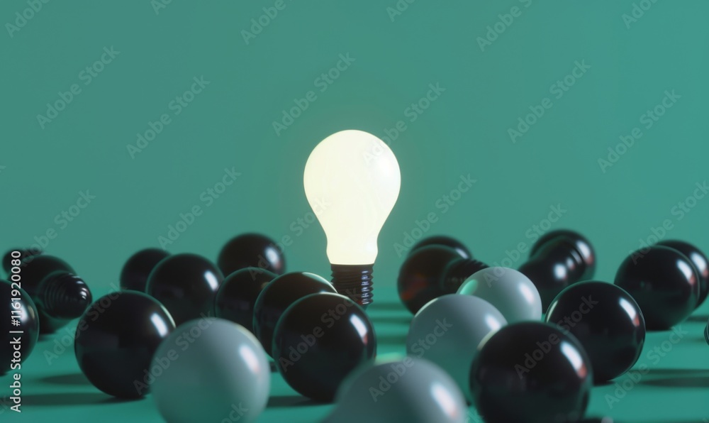 Poster one of lightbulb glowing among shutdown light bulb in dark area with copy space for creative thinkin