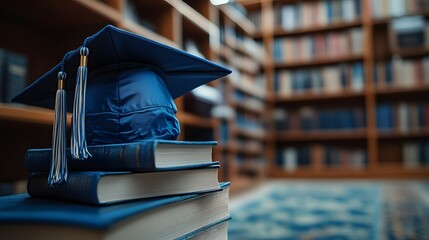 Blue graduation cap on books in library.
