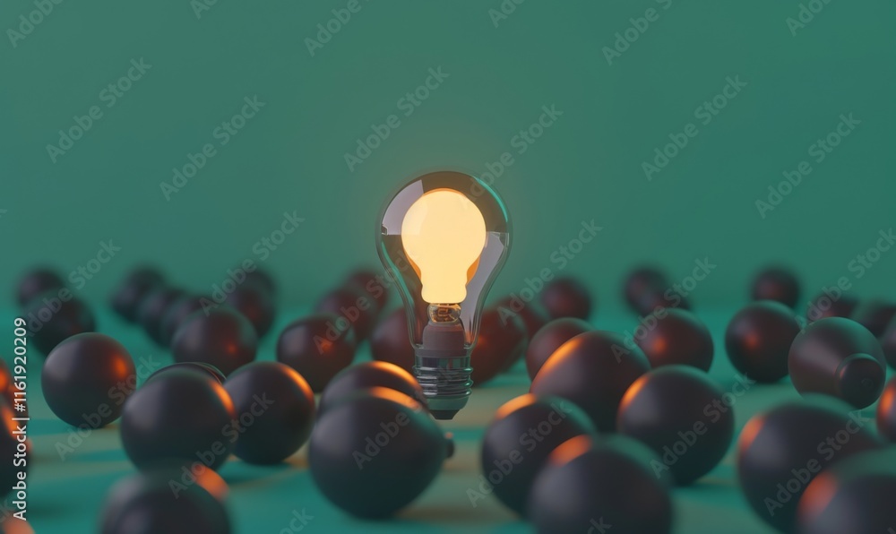 Poster one of lightbulb glowing among shutdown light bulb in dark area with copy space for creative thinkin