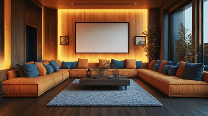 Modern living room with orange sofa, wooden wall, and large blank canvas.