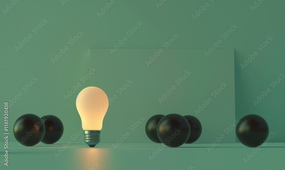 Poster one of lightbulb glowing among shutdown light bulb in dark area with copy space for creative thinkin