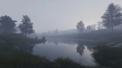 Fototapeta premium Serene Misty River Winding Through Foggy Forest