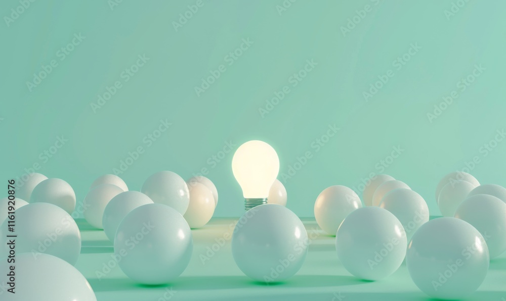 Poster one of lightbulb glowing among shutdown light bulb in dark area with copy space for creative thinkin